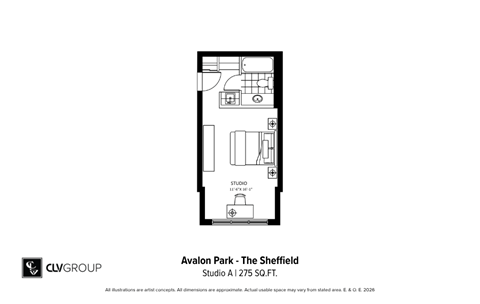 Floor plan for studio, 1 bath
